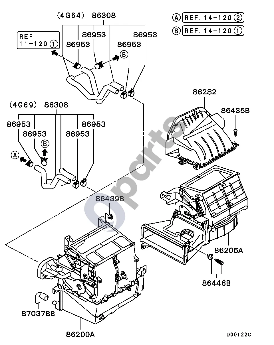 Mitsubishi Outlander (2001–2007) Montavimo dalys schema – pozicija 86206A: Šildytuvo ventiliatoriaus komplektas