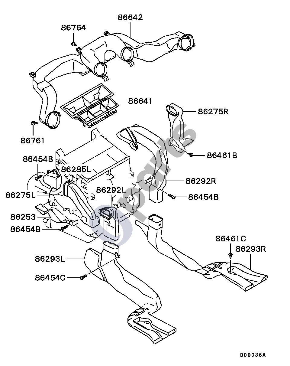 Mitsubishi Outlander (2001–2007) Priekis schema – pozicija 86293L: Galinio šildytuvo kanalas, galinis kairysis