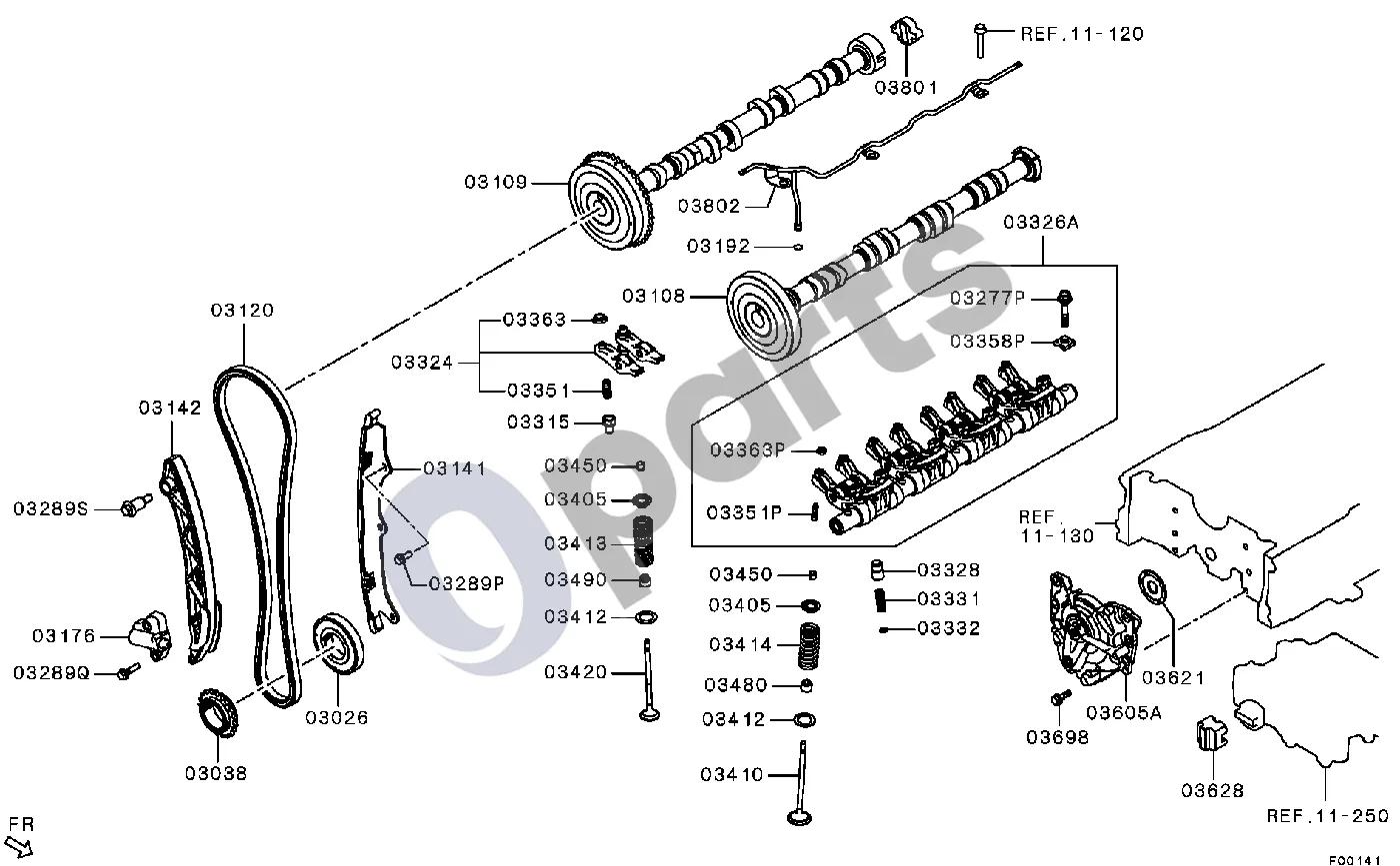 Mitsubishi Outlander (2007–2012) Visi schema – pozicija 03141: Kreiptuvas, paskirstymo grandinės, laisvoji pusė