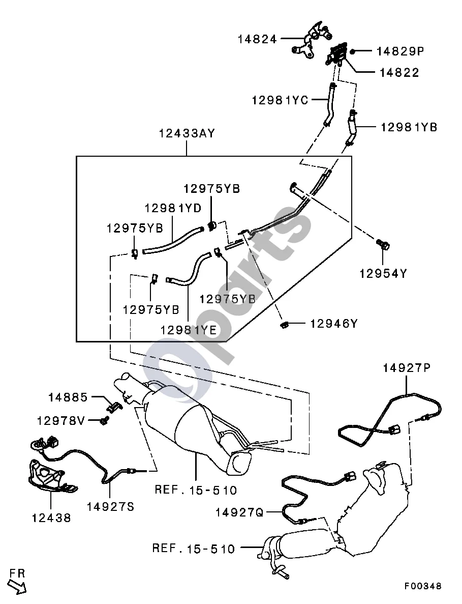 Mitsubishi Outlander (2007–2012) Visi (DPF sistema) schema – pozicija 14822: Išmetamųjų dujų slėgio skirtumo jutiklis