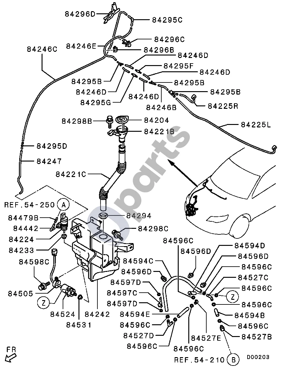 Mitsubishi Outlander (2007–2012) WASHER 1007.1-1101.3 schema – pozicija 84225R: Purkštukas, priekinio stiklo plovimo, dešinė