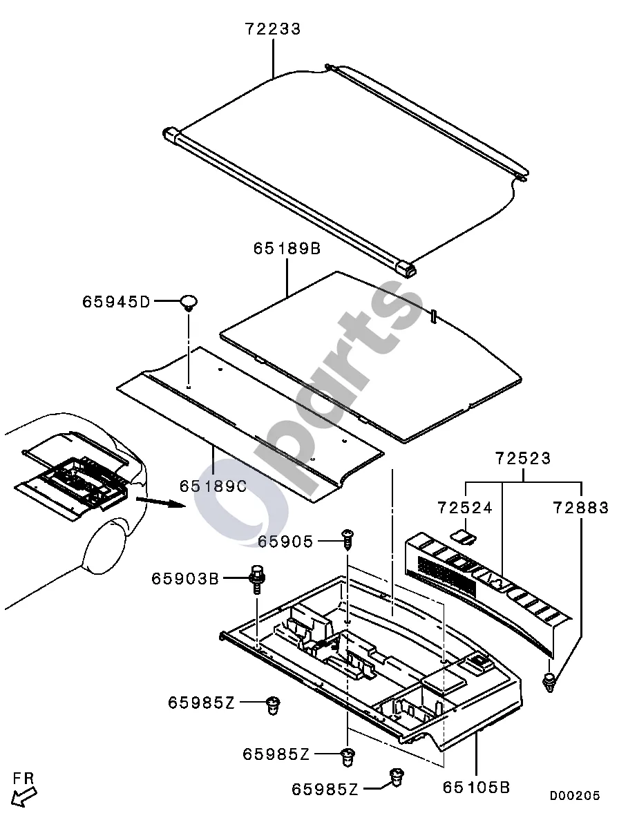 Mitsubishi Outlander (2013–2021) Bagažinės apdaila schema – pozicija 72233: Galinė lentynėlė (apdaila)