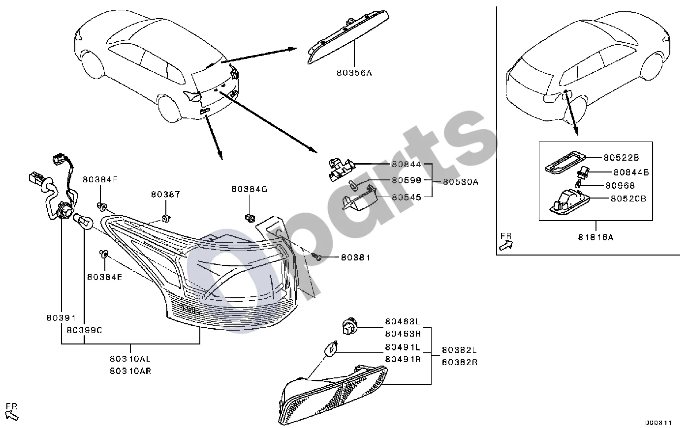 Mitsubishi Outlander (2013–2021) -1506.3 schema – pozicija 80382R: Galinio žibinto atšvaitas, dešinys