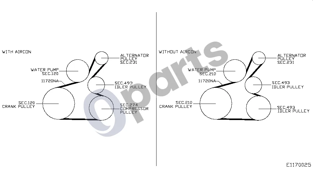 Nissan Note (E12) (2014–2016) 117 - Ventiliatoriaus, kompresoriaus ir vairo stiprintuvo diržas (HR12DE) schema – Ventiliatoriaus ir generatoriaus diržas