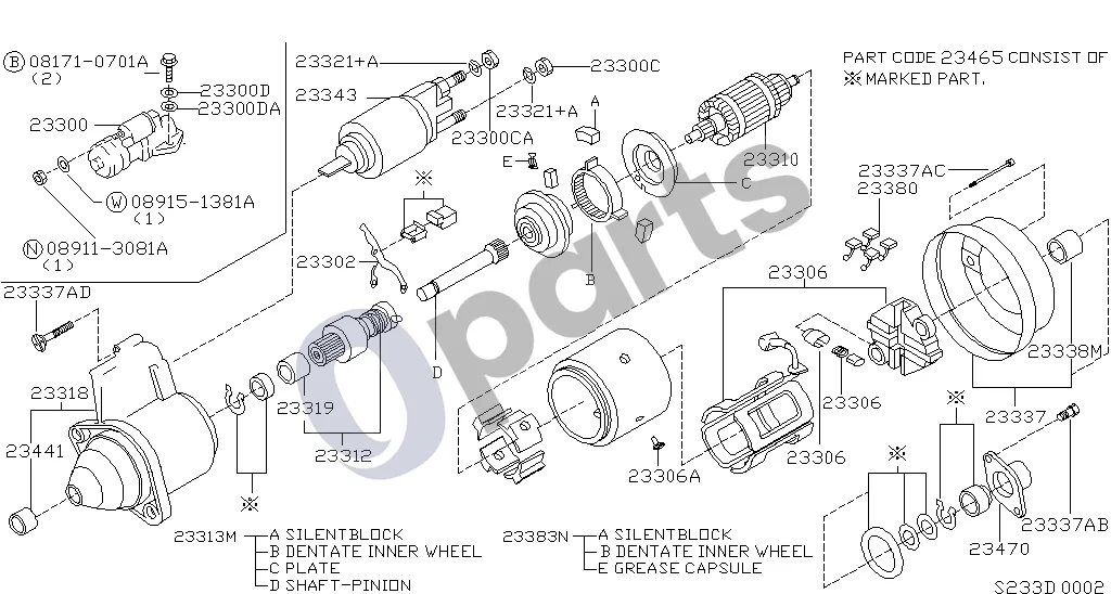 Nissan Serena 233 - Starteris (LD23) schema – pozicija 23380: Šepetėlis, pliusinis
