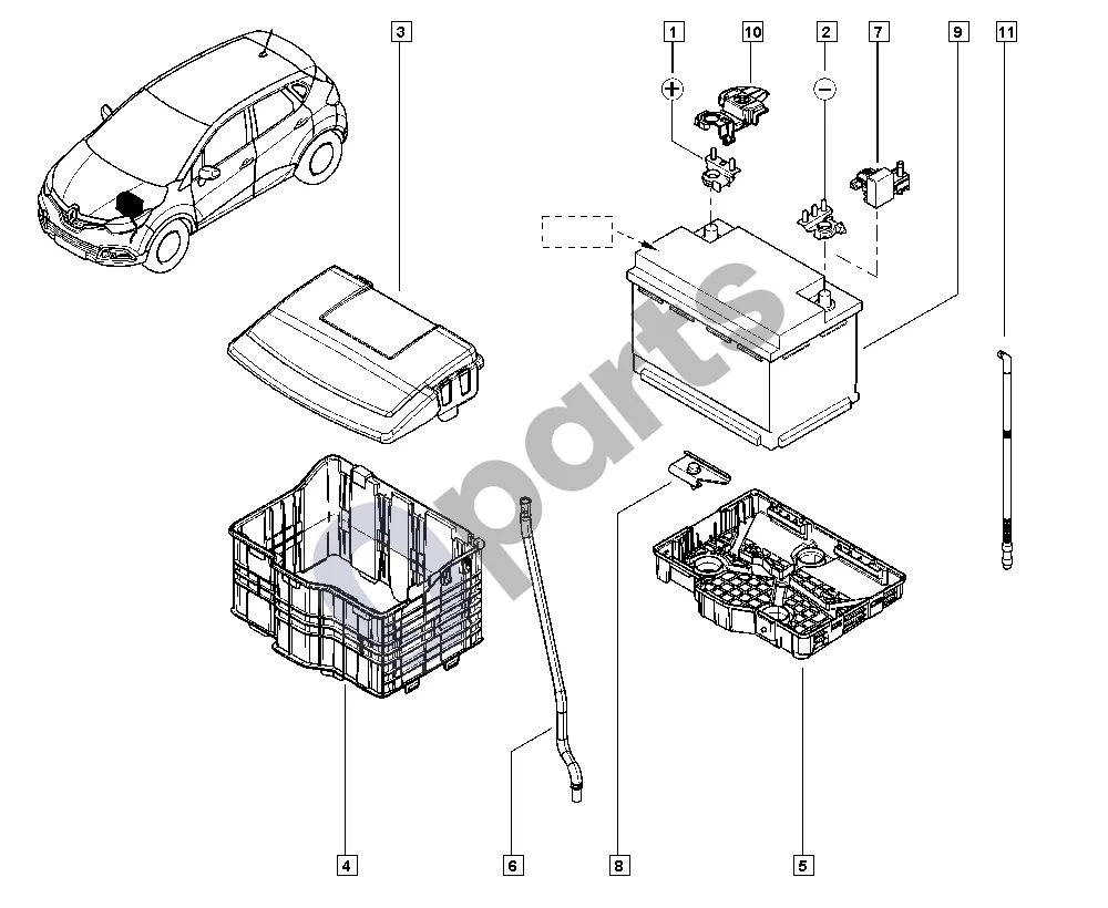 Renault Captur (2013–2020) Akumuliatorius schema – pozicija 3: Dangtis, apsauga nuo karščio