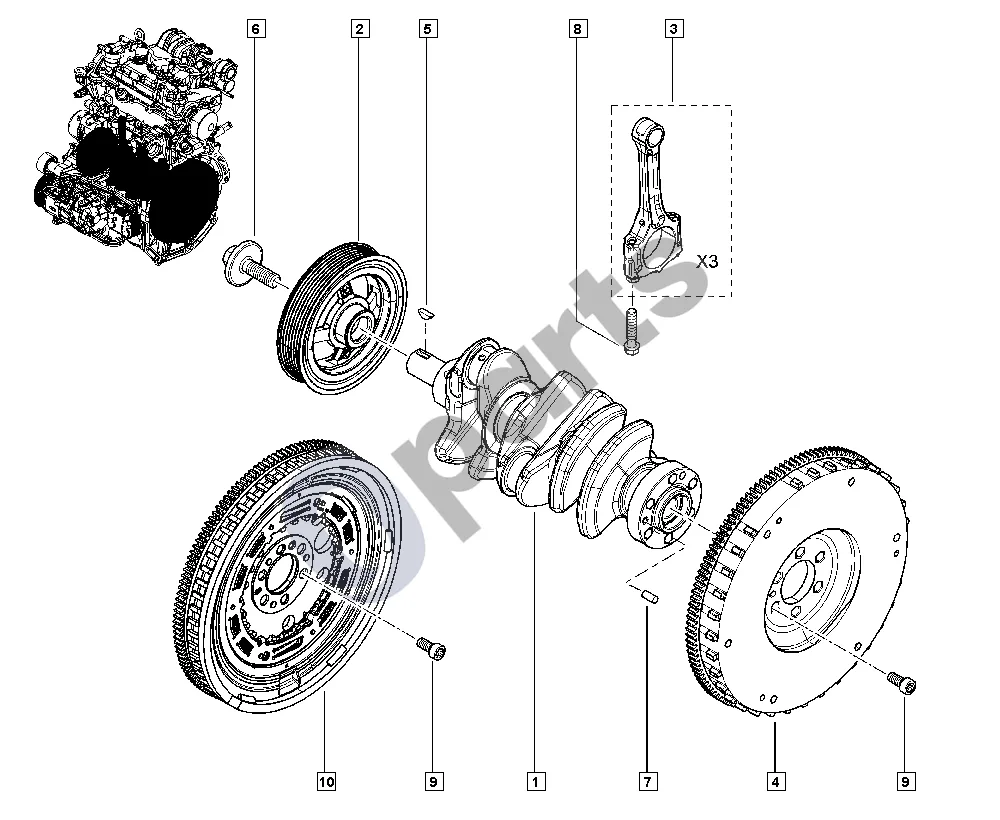 Renault Captur (2013–2020) Alkūninis velenas (H4B) schema – pozicija 2: Sukamųjų virpesių slopintuvo skriemulys
