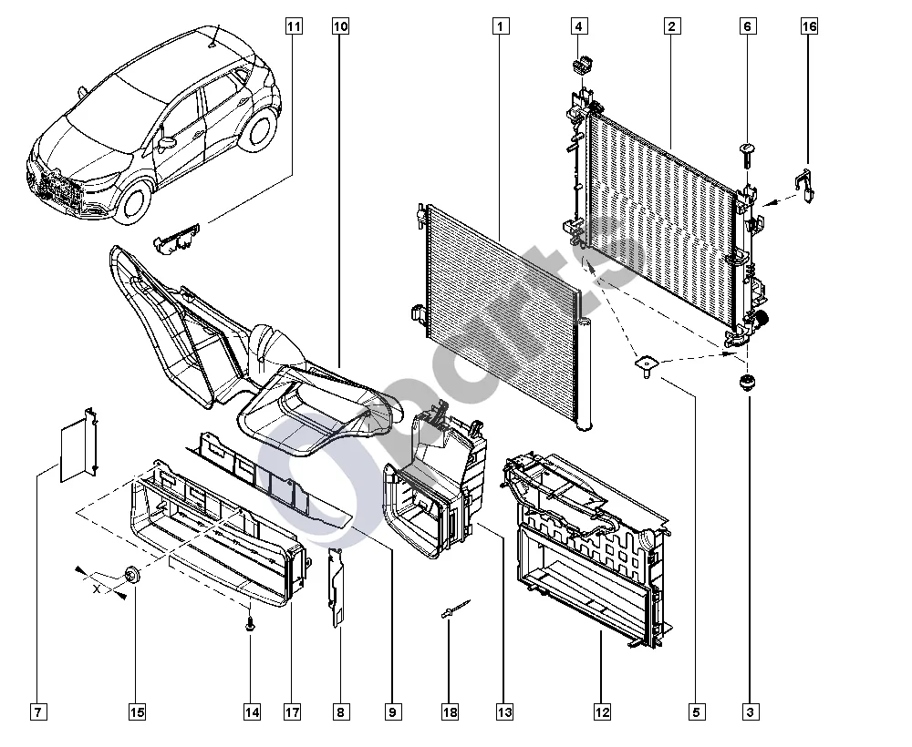 Renault Captur (2013–2020) Aušinimo skysčio radiatorius schema – pozicija 17: Konfuzorius, kairysis