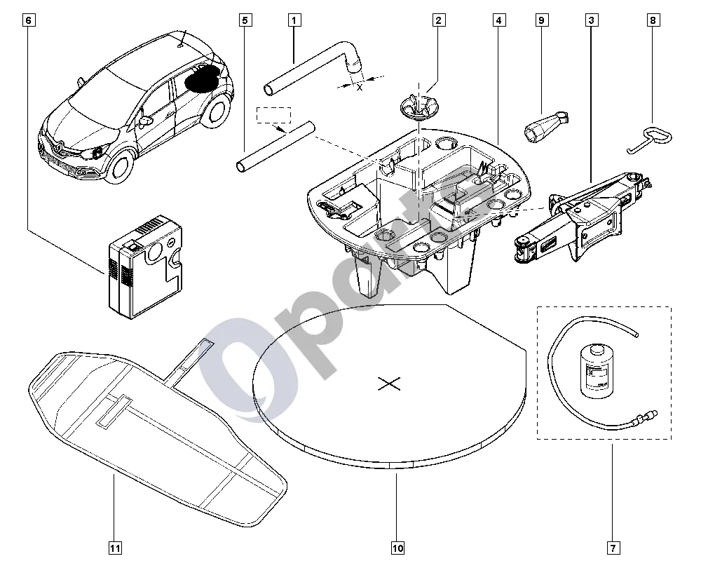 Renault Captur (2013–2020) Domkratas schema – pozicija 4: Įrankių laikymo skyrelis