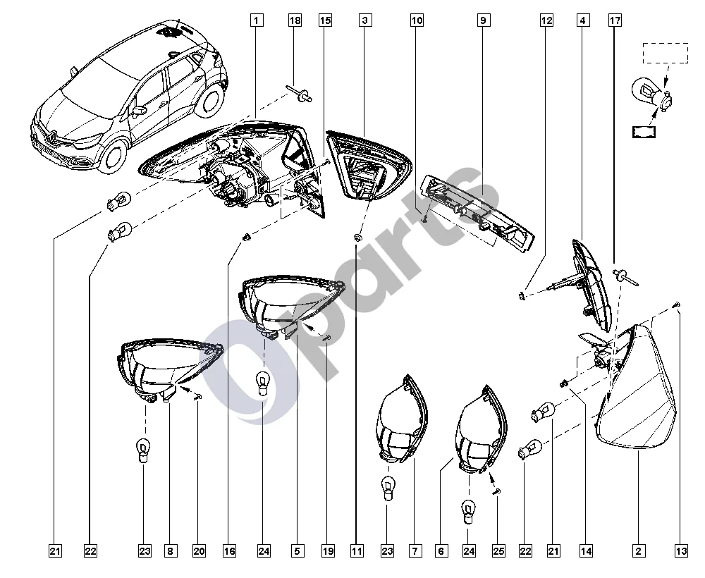 Renault Captur (2013–2020) Gabaritiniai žibintai schema – pozicija 19: Apvalios galvutės varžtas su poveržle