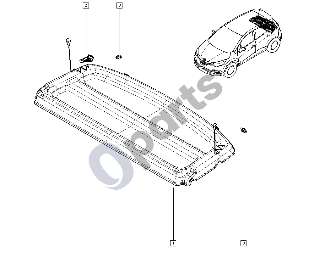 Renault Captur (2013–2020) Galinė bagažinės lentyna schema – pozicija 2: Galinės apsaugos nuo saulės kabliukas