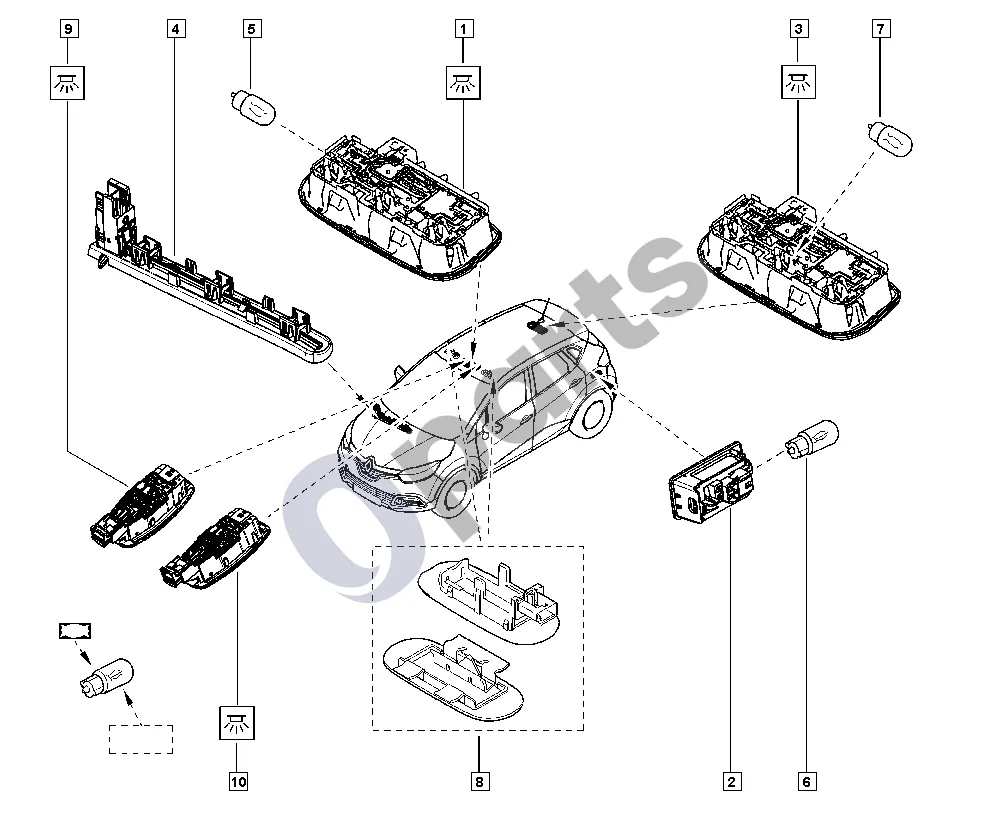 Renault Captur (2013–2020) Salono lubų žibintas schema – pozicija 9: Viršutinis galinis apšvietimas