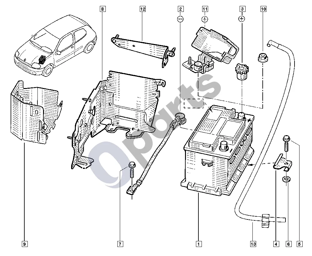 Renault Clio II (1998–2005) Akumuliatorius (K4M, K9K) schema – pozicija 1: Akumuliatorius (Vehicle fabrication number < MOD0106; Marking. = 70 AH, Type of battery charging = Humid)