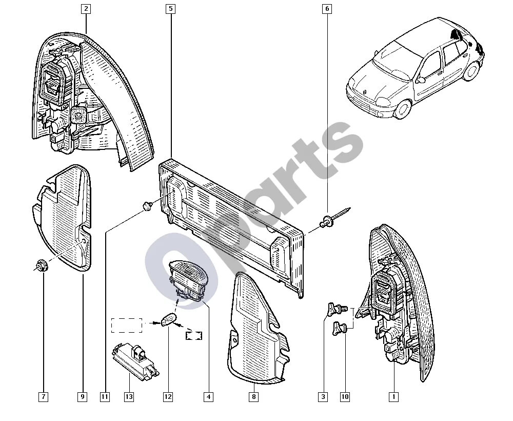 Renault Clio II (1998–2005) Gabaritiniai žibintai schema – pozicija 12: Lemputė 12 V 5 W (Colour = White, Marking. = 5W)