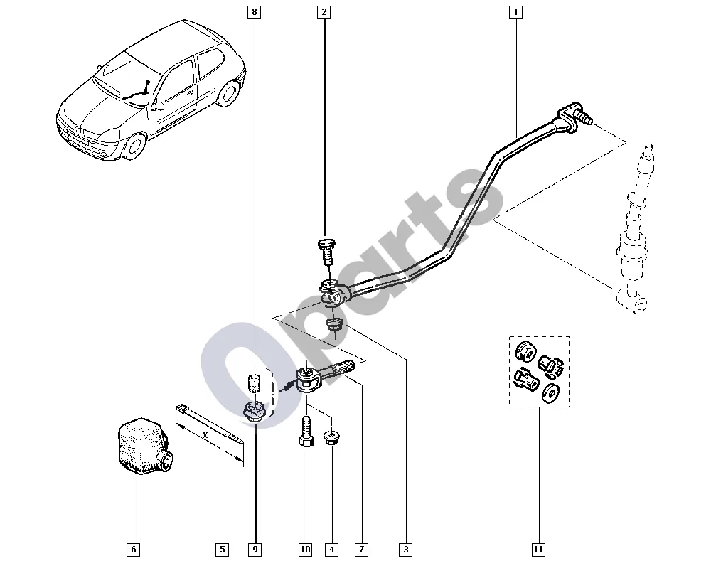 Renault Clio II (1998–2005) Mechaninės pavaros schema – pozicija 1: Jungiamoji trauklė, komplektas, selektoriaus