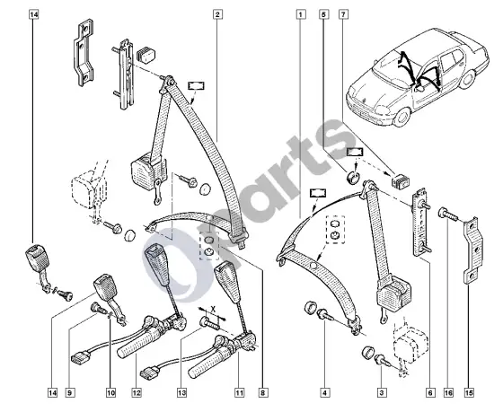 Renault Clio II saugos diržai (K7M) – schema