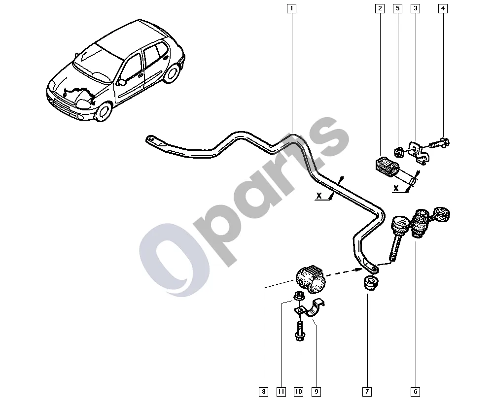 Renault Clio II (1998–2005) Stabilizatoriaus strypas schema – pozicija 6: Tvirtinimo detalė – apsauga nuo sukimosi