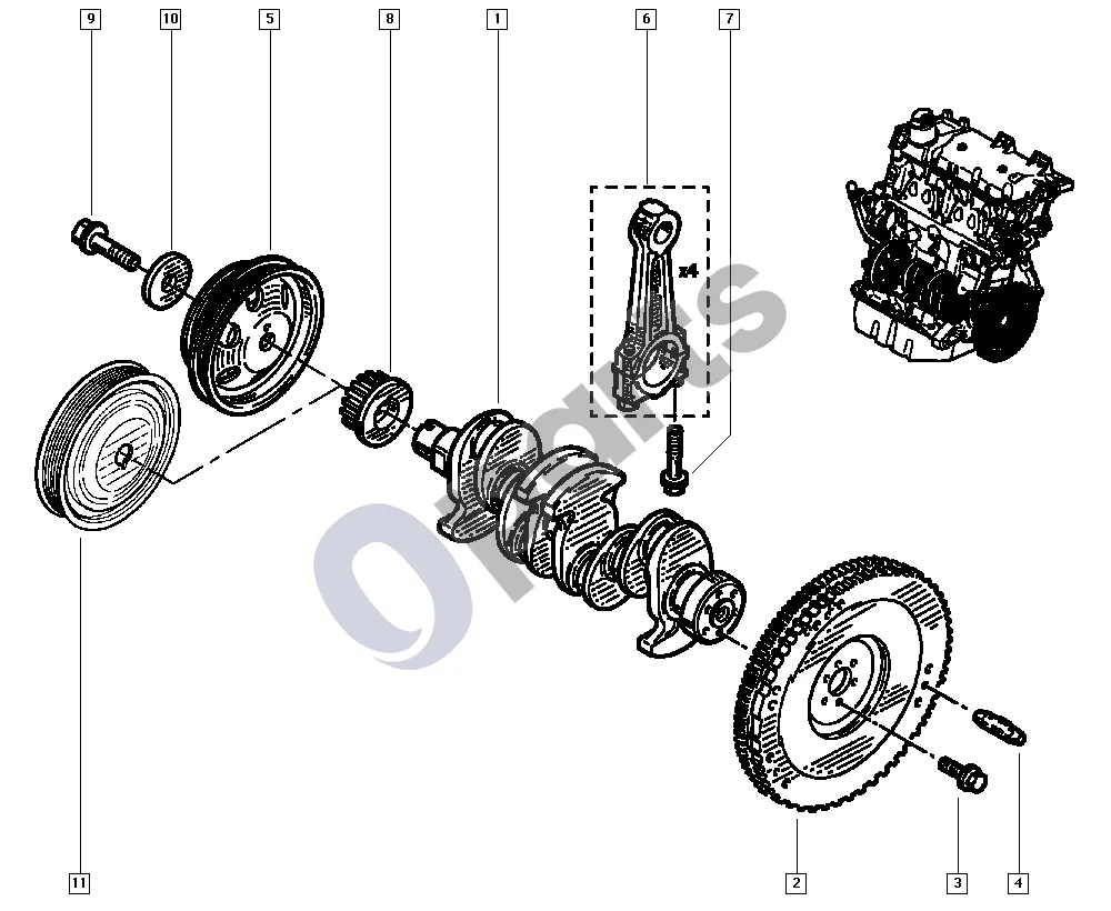 Renault Clio III (2005–2012) Alkūninis velenas (D4F) schema – pozicija 11: Skriemulys