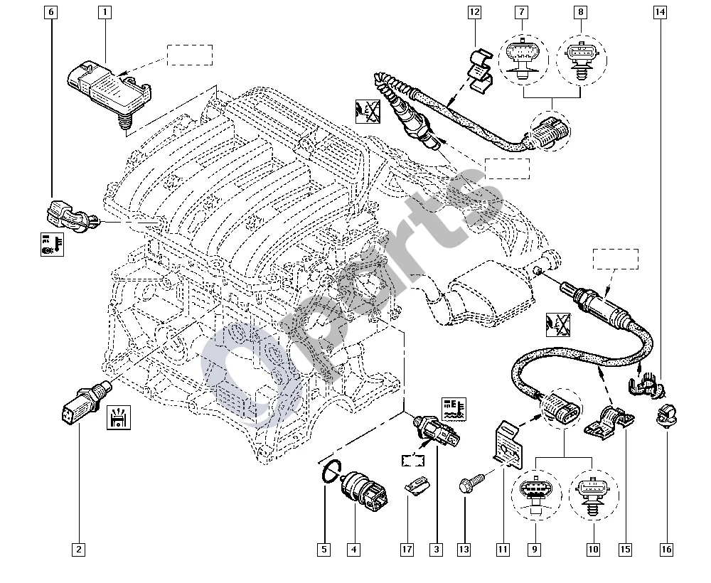 Renault Clio III (2005–2012) Degalų įpurškimas schema – pozicija 2: Detonacijos daviklis