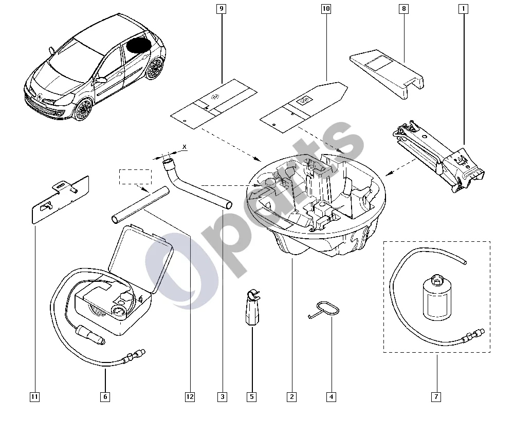 Renault Clio III (2005–2012) Domkratas (K4J, K4M) schema – pozicija 6: Padangų pripūtimo komplektas