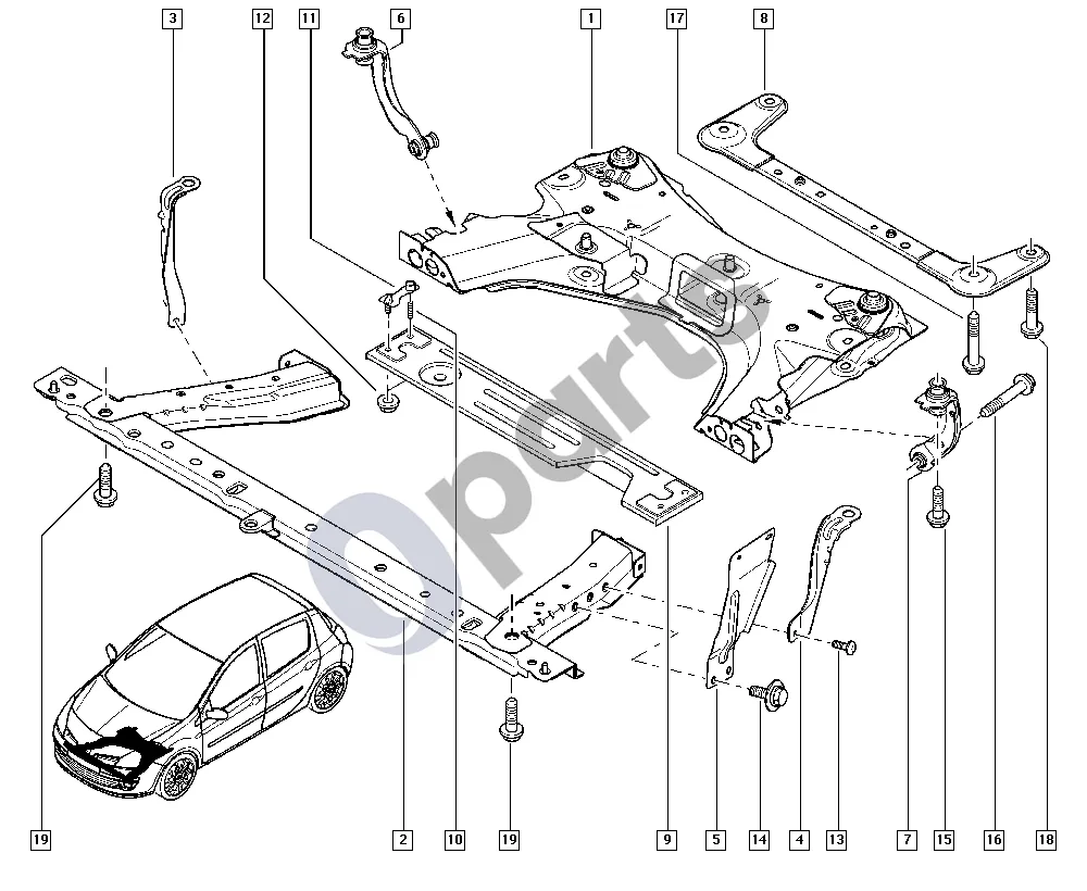 Renault Clio III (2005–2012) Priekinė ašis schema – pozicija 17: Varžtas RDL