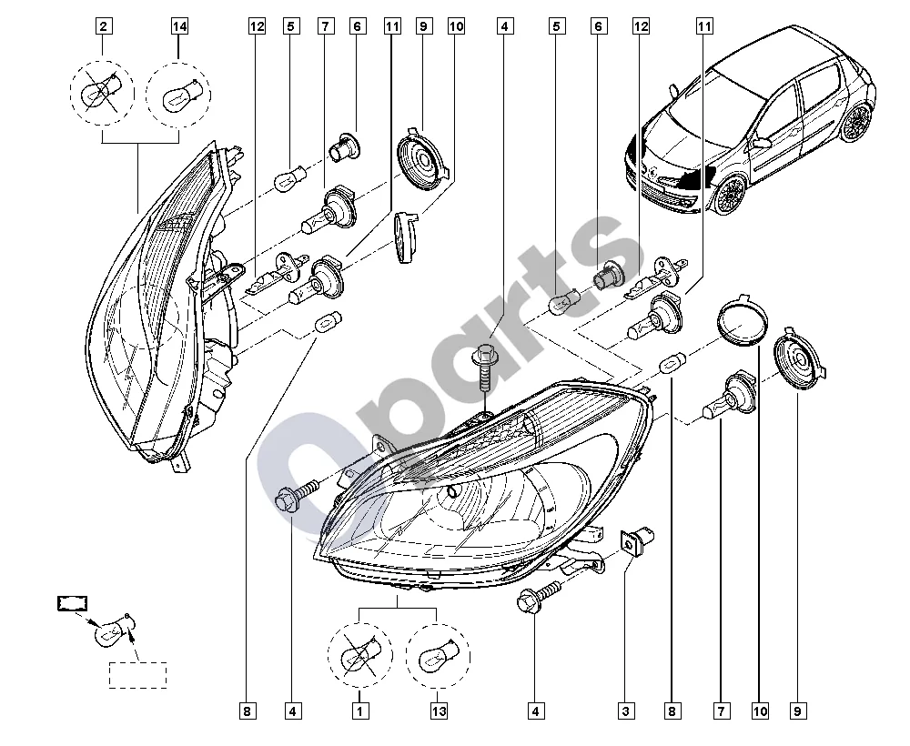Renault Clio III (2005–2012) Priekinis žibintas schema – pozicija 3: Fiksavimo spaustukas