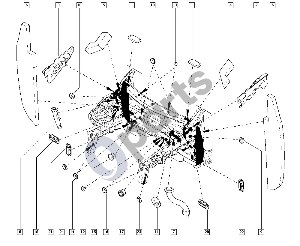 Renault Clio III (2005–2012) Sandarikliai schema – pozicija 2: Kairio variklio dangčio vyrio sandariklis