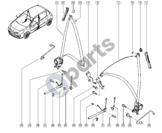 Renault Clio III saugos diržai – schema