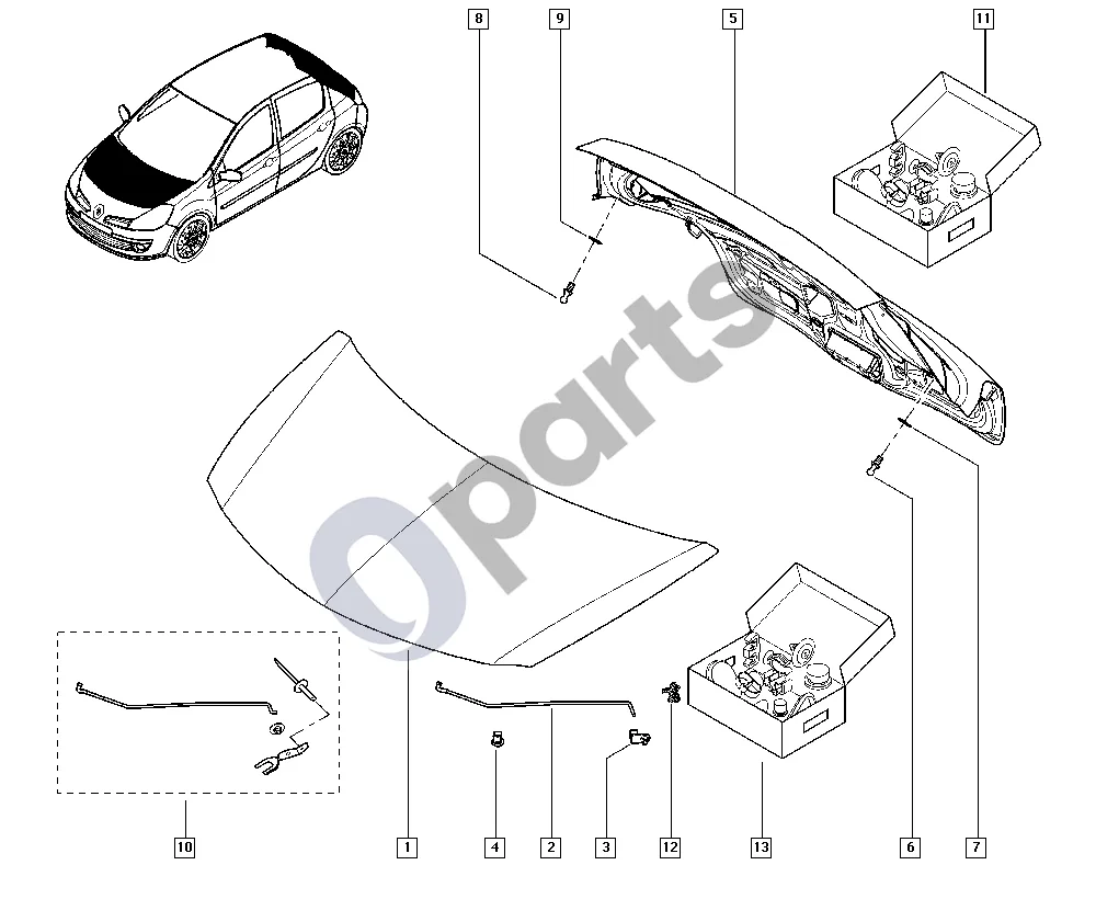Renault Clio III (2005–2012) Šone neatsidarantys elementai (K4J) schema – pozicija 12: Spoilerio spaustukas