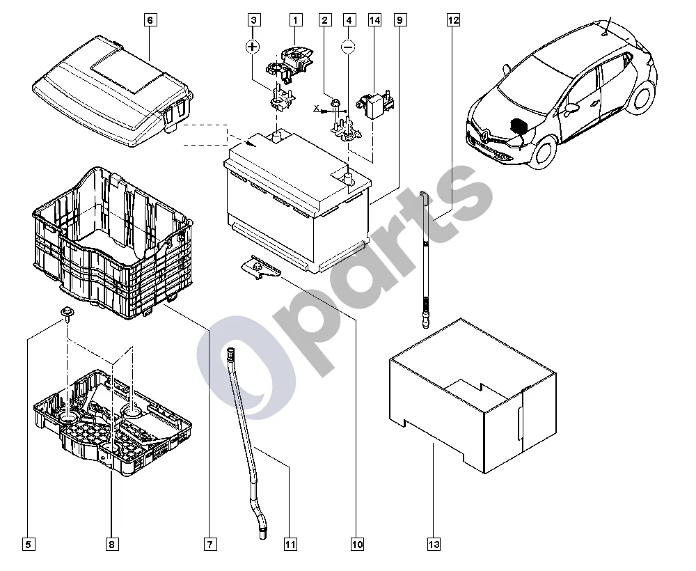 Renault Clio IV (2012–2019) Akumuliatorius schema – pozicija 3: Akumuliatoriaus gnybtas, teigiamas