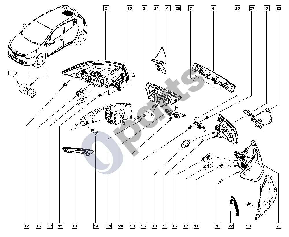 Renault Clio IV (2012–2019) Gabaritiniai žibintai schema – pozicija 14: Veržlė su sparneliais M6