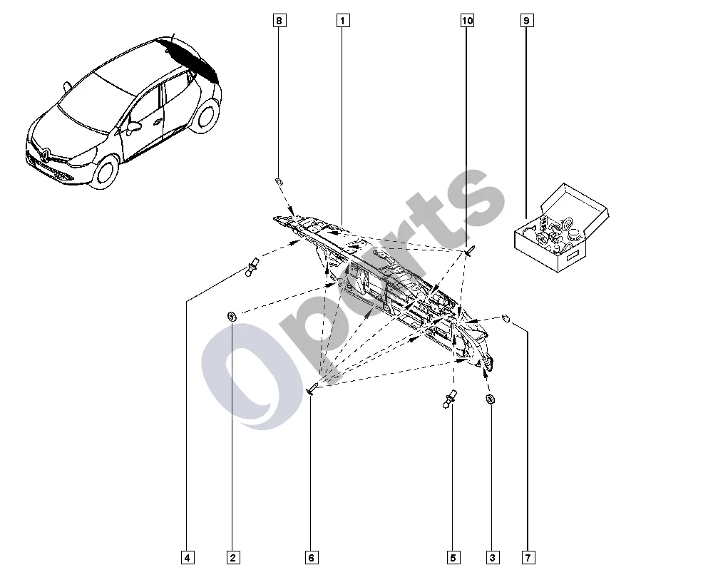 Renault Clio IV (2012–2019) Neatsidarantys šoniniai elementai schema – pozicija 9: Neatsidarantys šoniniai elementai