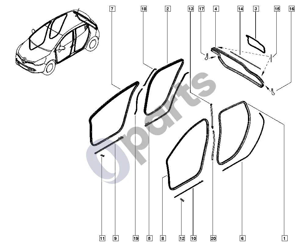 Renault Clio IV (2012–2019) Sandarikliai schema – pozicija 1: Galinių durų angos sandariklis