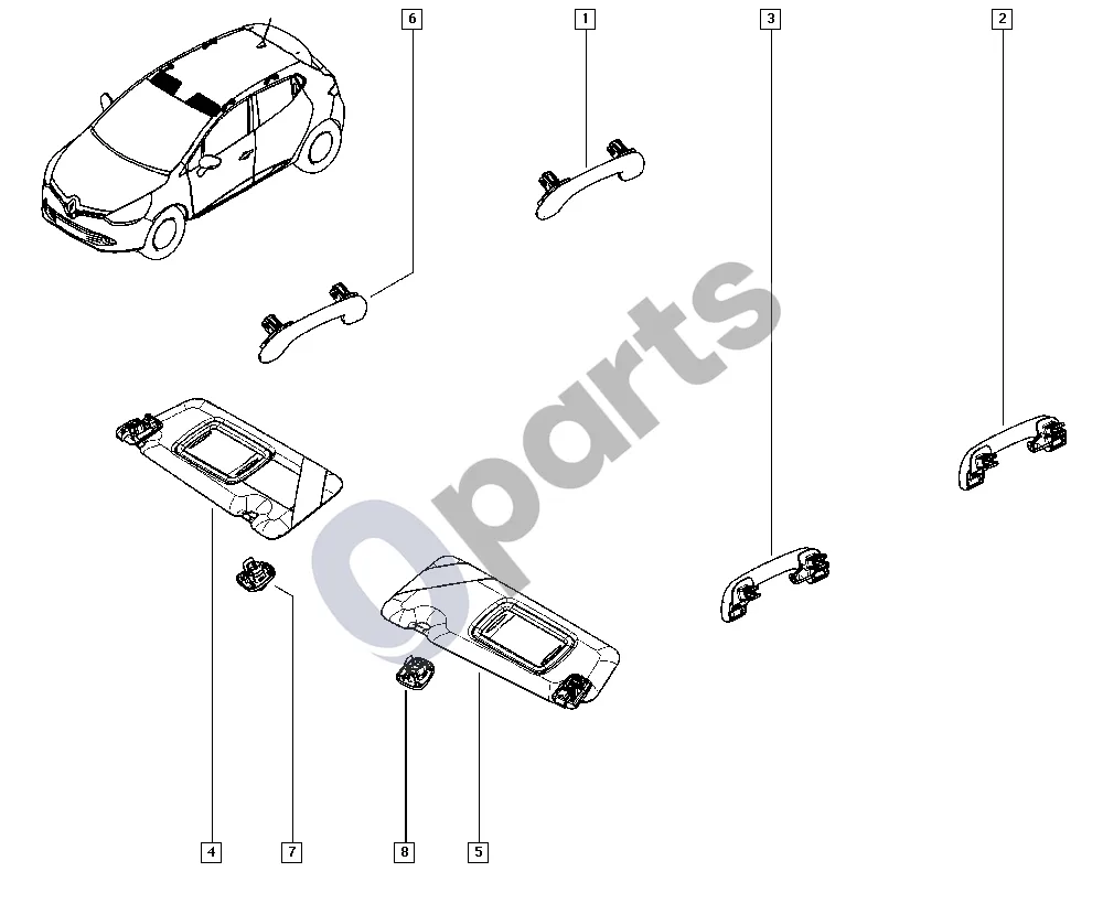 Renault Clio IV (2012–2019) Saulės skydelis schema – pozicija 5: Saulės skydelis su veidrodėliu, kairysis (NFAB = F or NFAB = K or NFAB = R, Vehicle fabrication number < MOD1609, Steering wheel location = Right, Additional designation = RENAULT)