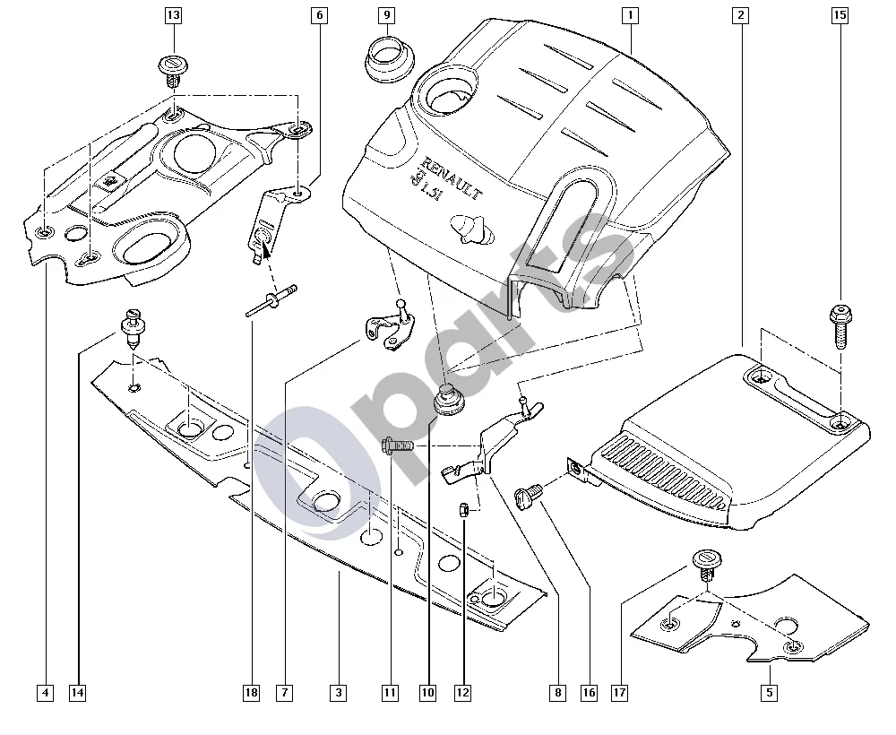 Renault Clio IV (2012–2019) Variklio gaubtas schema – pozicija 10: Guminė atrama