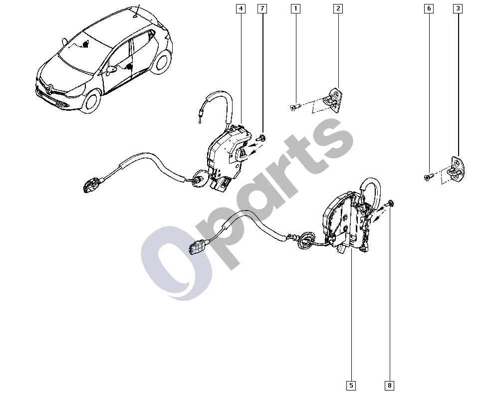 Renault Clio IV (2012–2019) Visos spynos schema – pozicija 4: Priekinių dešiniųjų durų užraktas