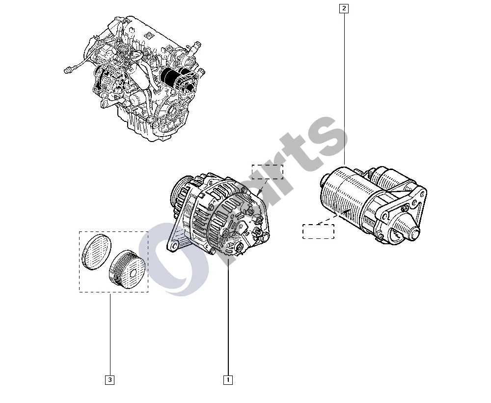 Renault Espace III (1997–2003) Generatorius – starteris (F9Q) schema – pozicija 1: Generatorius 120 me