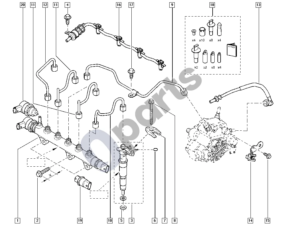 Renault Espace IV (2002–2014) Įpurškiklis (M9R) schema – pozicija 6: Įpurškiklio tarpiklis