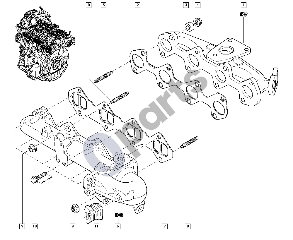 Renault Espace IV (2002–2014) Kolektorius (M9R) schema – pozicija 2: Kolektoriaus tarpiklis