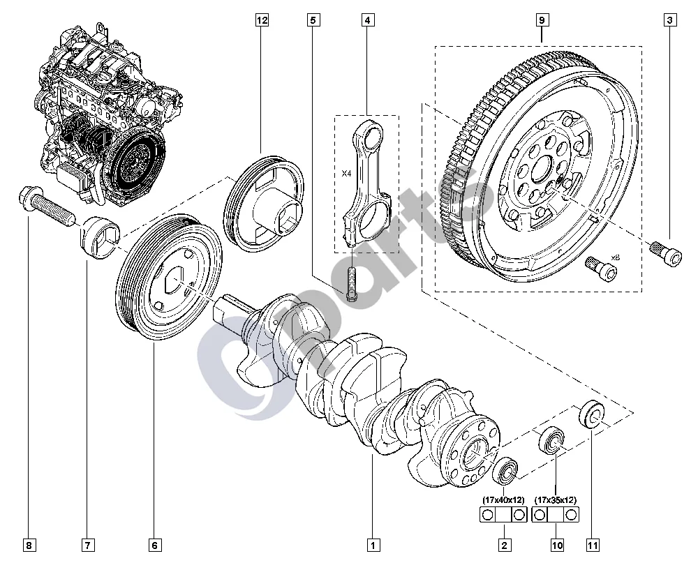 Renault Espace V (RFC) (2015–2023) Alkūninis velenas (R9M) schema – pozicija 6: Skriemulys, alkūninio veleno