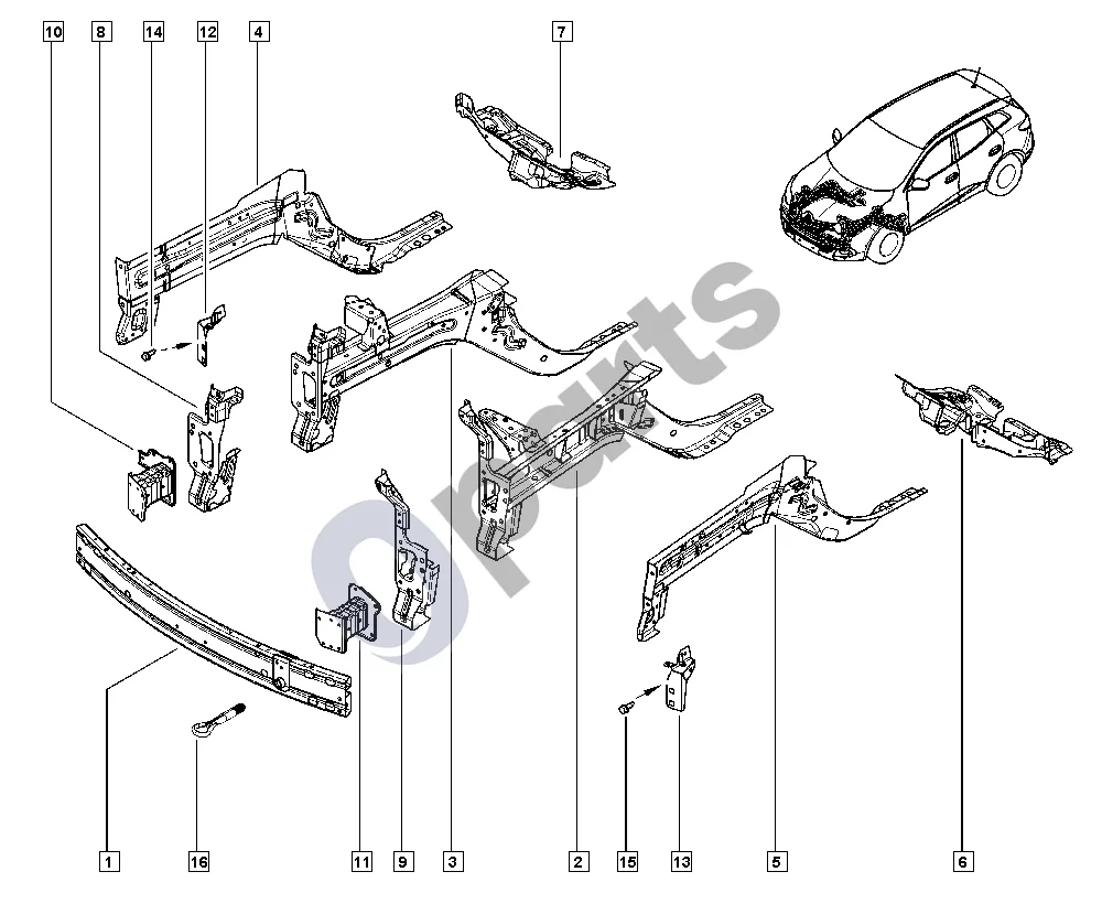 Renault Kadjar (2015–) Priekinė grindų plokštė schema – pozicija 11: Amortizatoriaus korpusas, priekinis