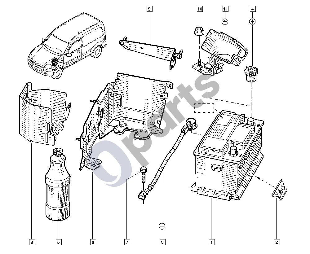 renault kangoo-i-2003 Akumuliatorius schema – pozicija 2: Akumuliatoriaus tvirtinimo spaustukas