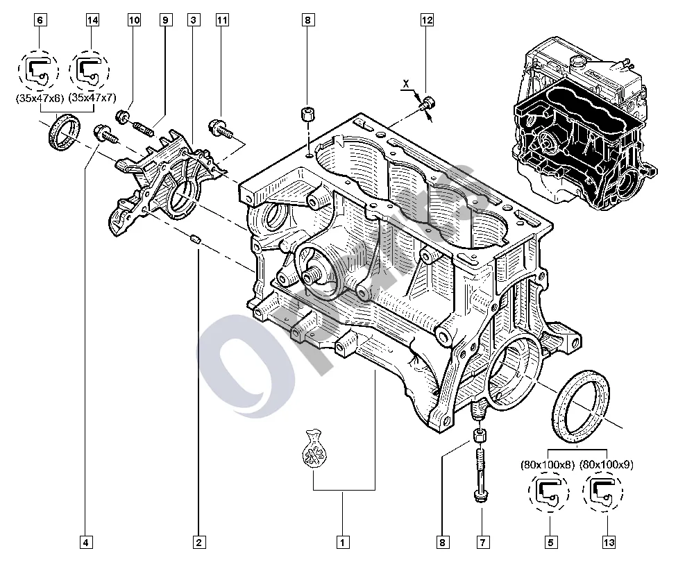renault kangoo-i-2003 Cilindrų blokas (E7J) schema – pozicija 13: Alkūninio veleno sandarinimo žiedas