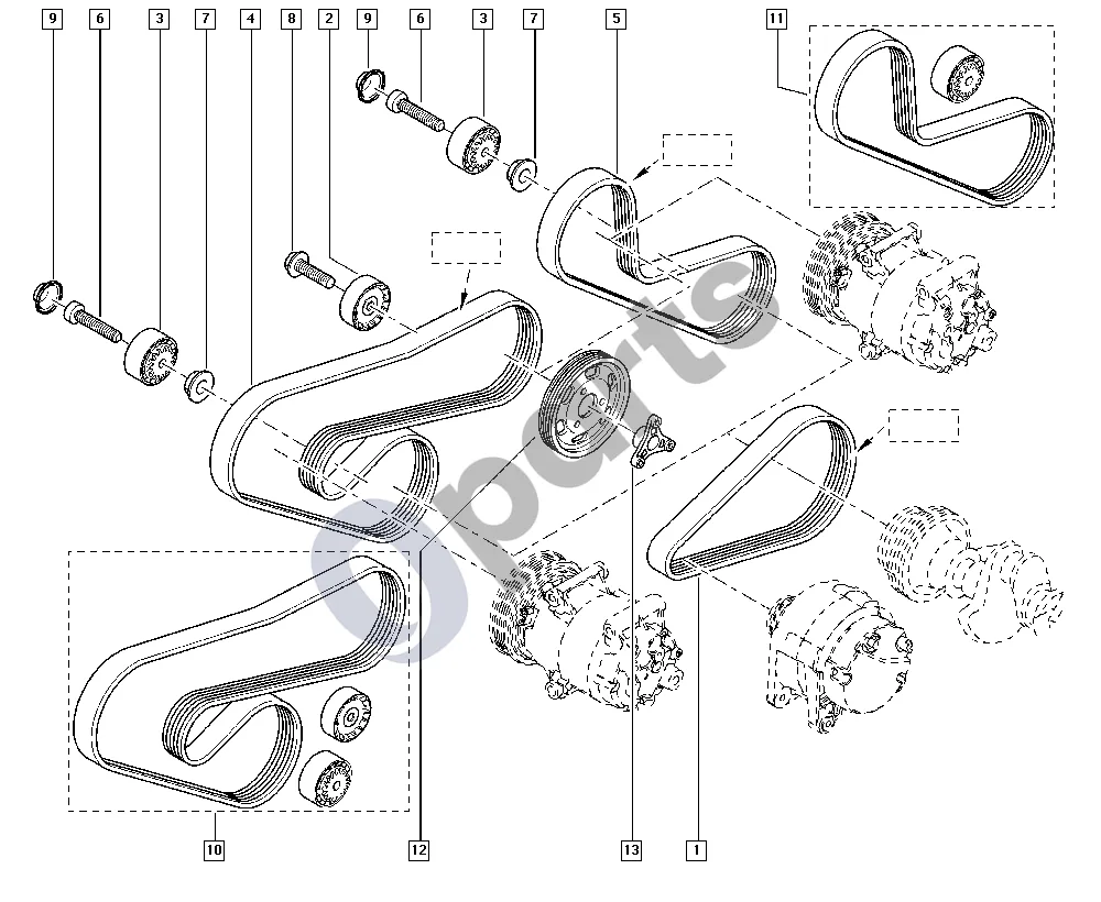 renault kangoo-i-2003 Diržo įtempiklis (D4D) schema – pozicija 11: Pagalbinių įrenginių pavaros komplektas