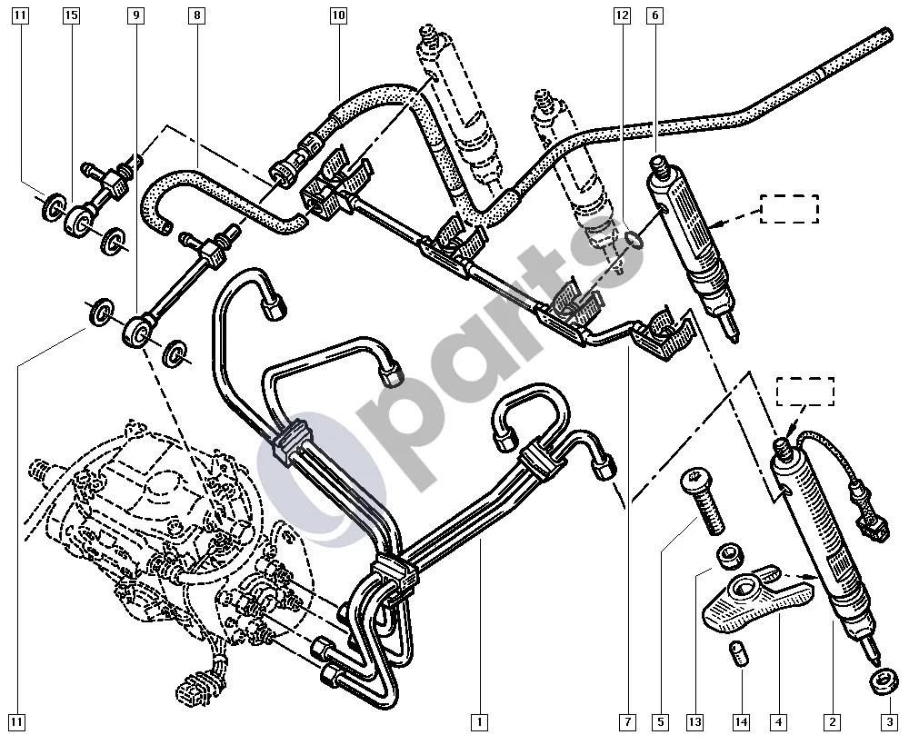 renault kangoo-i-2003 Įpurškiklis (F9Q) schema – pozicija 7: Dyzelinio kuro įpurškimo bėgelis SC