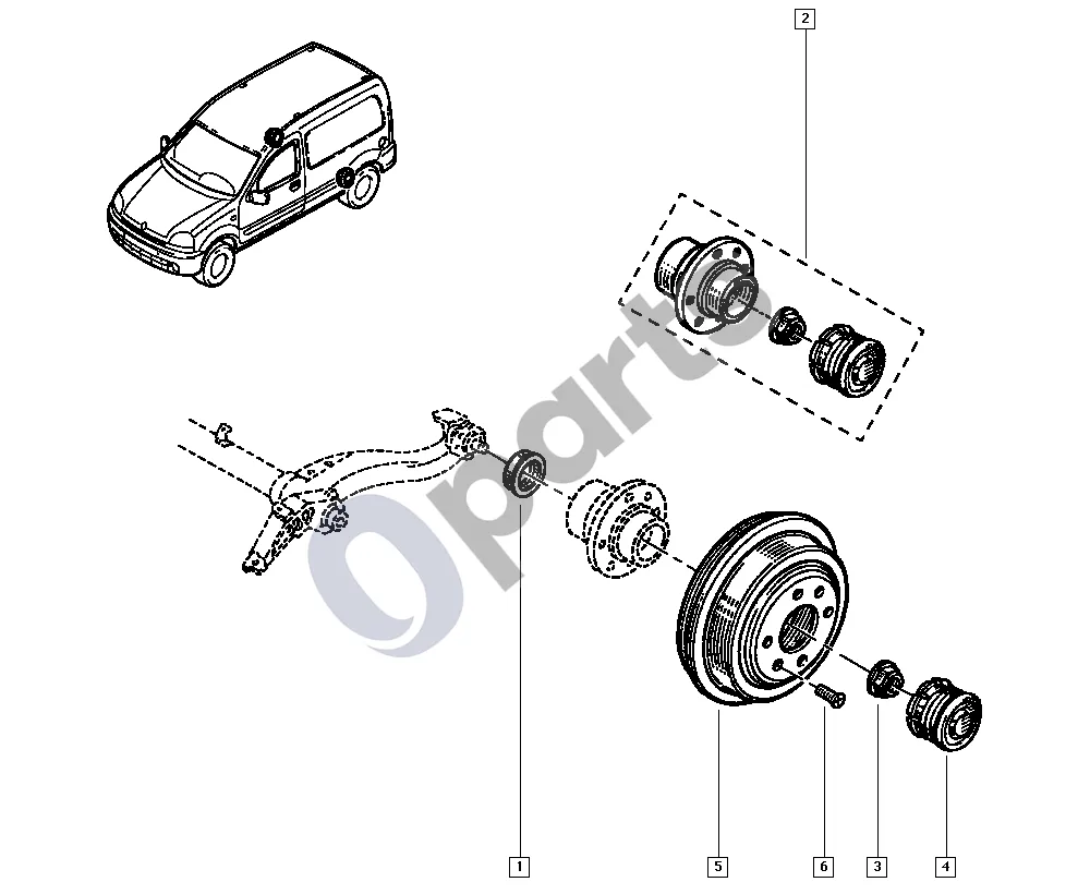 renault kangoo-i-2003 Stebulės ašis - stebulės (stabdžių būgnas) schema – pozicija 2: Hub assy ko