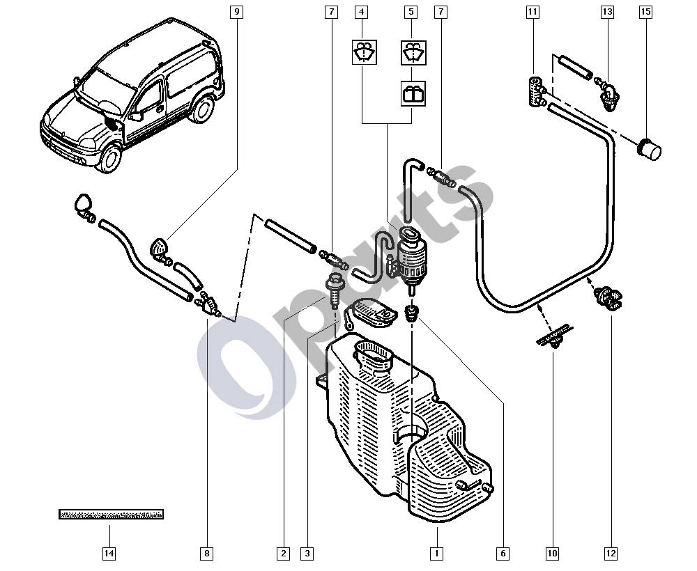 renault kangoo-i-2003 Stiklo plovimo skysčio bakelis schema – pozicija 14: Vamzdžio dalis