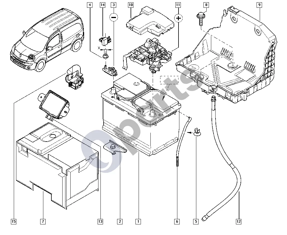 Renault Kangoo II (2008–2014) Akumuliatorius schema – pozicija 14: Akumuliatorius