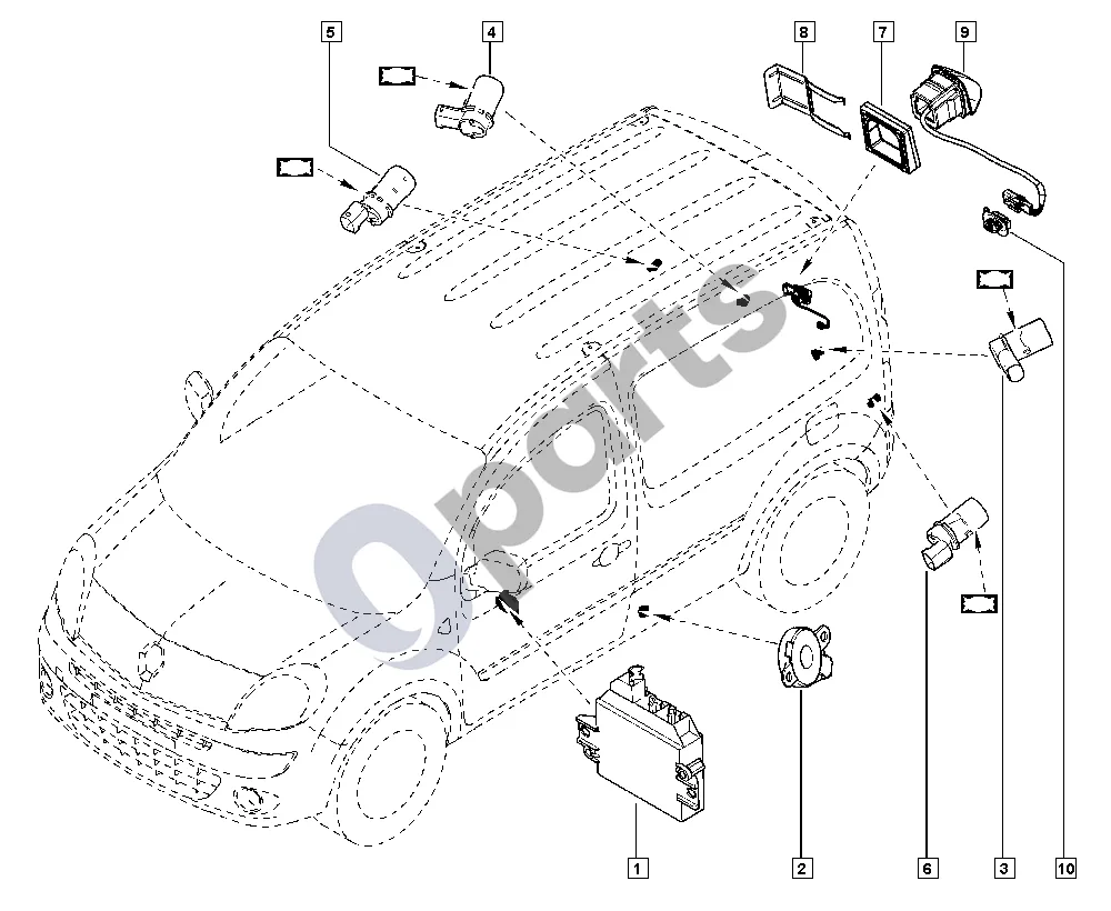 Renault Kangoo II (2008–2014) Artumo radaras schema – pozicija 5: Parkavimo pagalbos daviklis