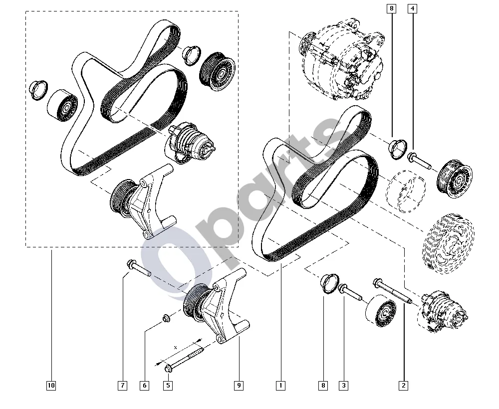Renault Kangoo II (2008–2014) Diržo įtempėjas (H5F) schema – pozicija 9: Priedų sistemos ritinėlio komplektas